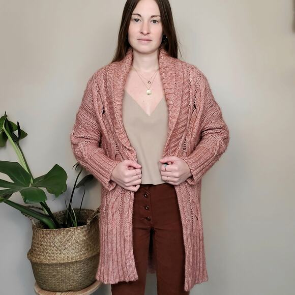 Loft Dusty Pink Cableknit Shawl Wool Alpaca Blend Chunky Cardigan Womens Small - Picture 1 of 5